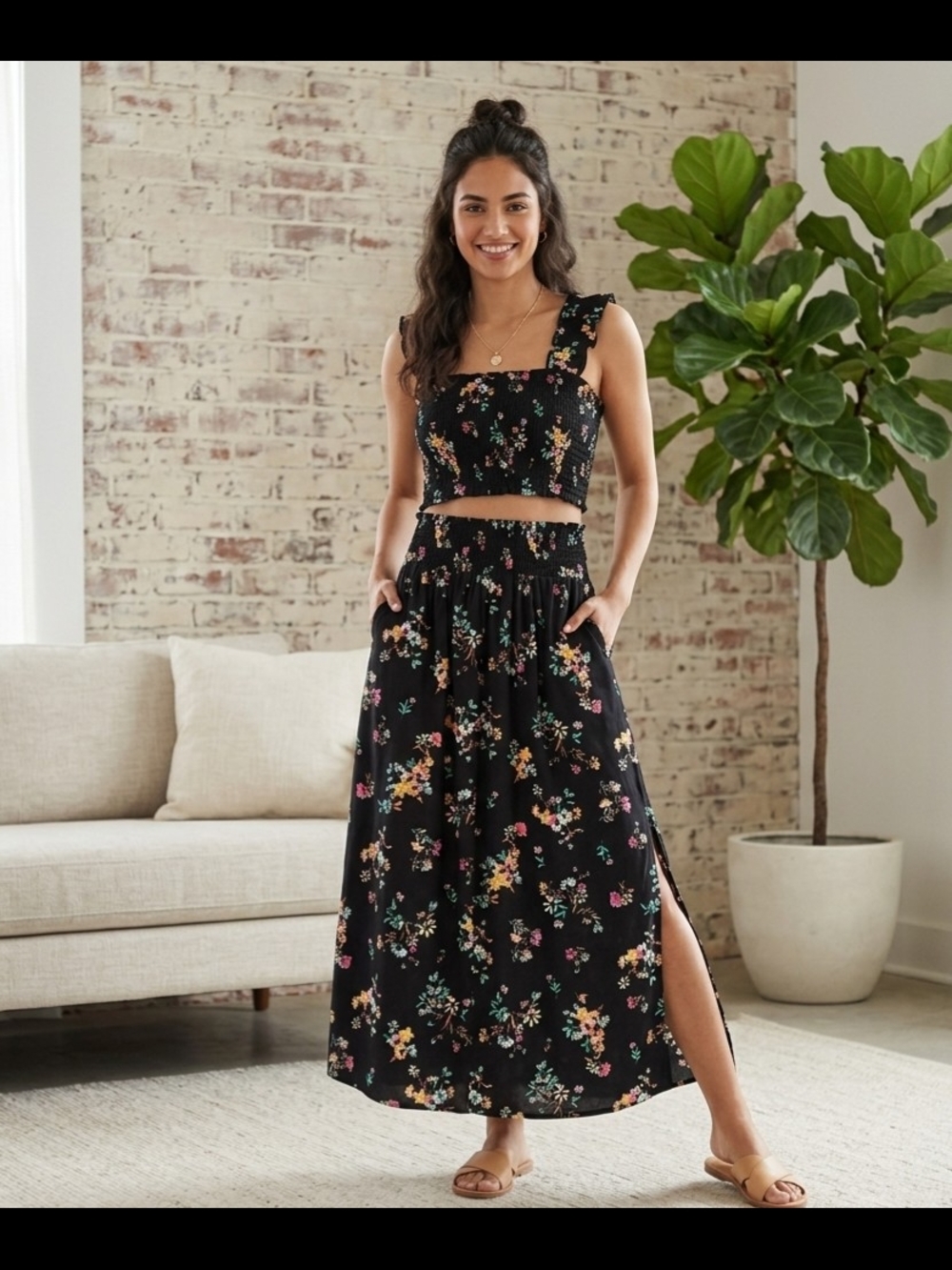 No Boundaries Black Floral Maxi Skirt Set